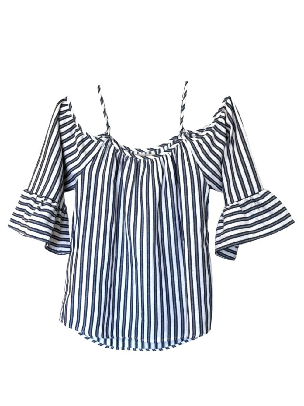 Cold Shoulder Top Women's Size S/P Black White Striped Ruffled Sleeves Cotton - Picture 2 of 12